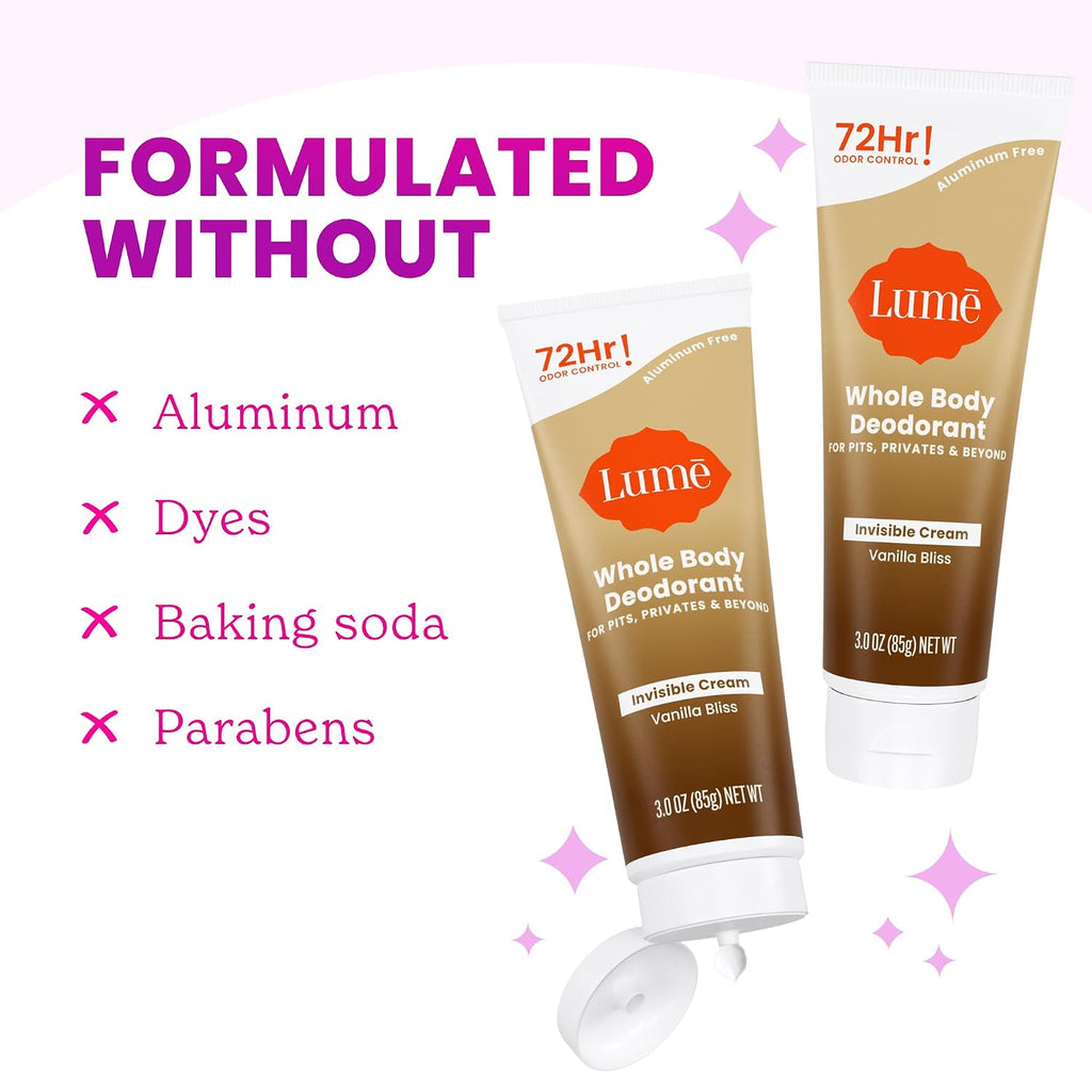 Lume Whole Body Deodorant - Invisible Cream Tube - 72 Hour Odor Control - Doctor Developed - Aluminum Free. Baking Soda Free and Skin Loving - 3.0 Ounce (Pack of 2) (Vanilla Bliss)
